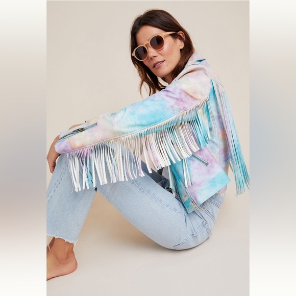 **RARE** Blank NYC Tie Dye Fringe Leather Moto Jacket - Picture 1 of 16